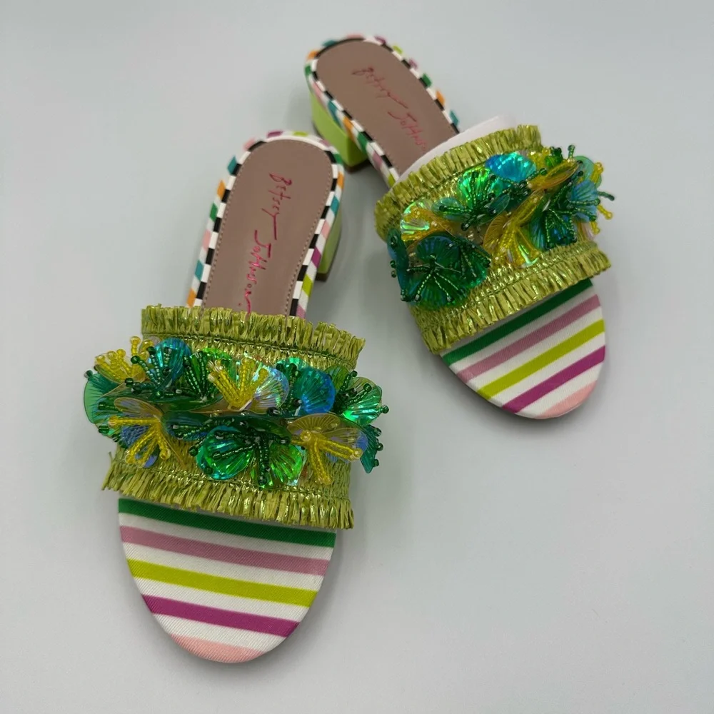 Betsey Johnson PEYTEN Beaded Butterfly Sandals 5.5M Striped Heels new in box